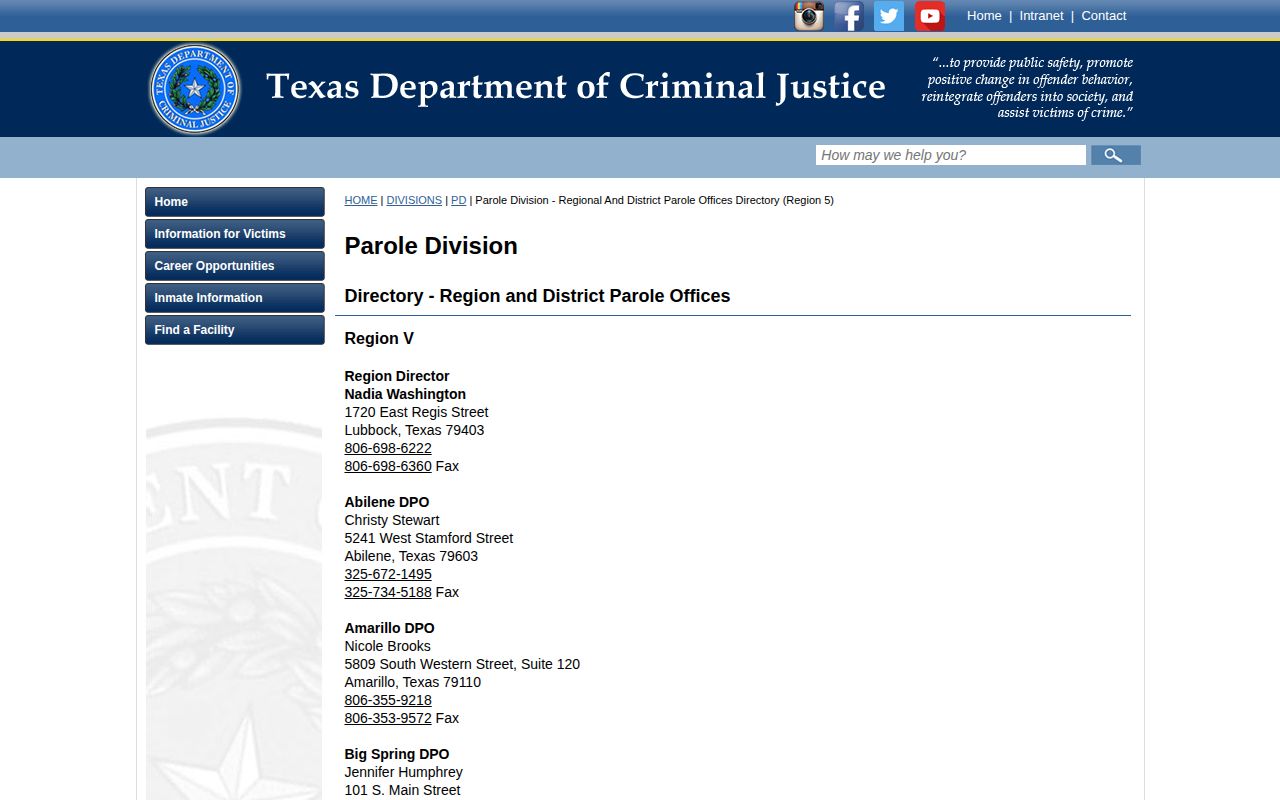 Hockley County parole and probation Region V office directory